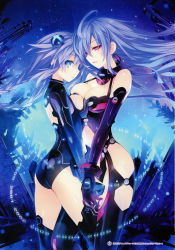 Rule 34 | 2girls, absurdres, ass, braid, breasts, cleavage, cleavage cutout, clothing cutout, cowboy shot, elbow gloves, from side, full body, gloves, half-closed eyes, highres, iris heart, kami jigen game neptune v, leotard, long hair, looking at viewer, medium breasts, multiple girls, neon trim, neptune (series), power symbol-shaped pupils, purple heart (neptunia), scan, simple background, smile, symbol-shaped pupils, thighhighs, tsunako, twin braids, twintails