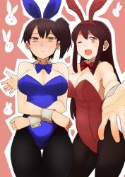 Rule 34 | 10s, 2girls, ;d, akagi (kancolle), alternate costume, animal ears, bare shoulders, black hair, black legwear, blush, bow, bowtie, breasts, brown hair, rabbit ears, cleavage, crossed arms, detached collar, fake animal ears, female focus, happy, kaga (kancolle), kantai collection, large breasts, leotard, long hair, looking at viewer, multiple girls, one eye closed, open mouth, outstretched arm, outstretched hand, pantyhose, personification, playboy bunny, short hair, shy, side ponytail, smile, standing, strapless, sweat, wink, wrist cuffs, yellow eyes, yokohachi