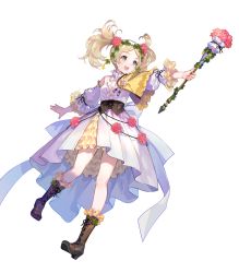 Rule 34 | bare shoulders, blonde hair, blue eyes, boots, cross-laced footwear, dress, fire emblem, fire emblem awakening, fire emblem heroes, frilled dress, frills, full body, highres, holding, knee boots, lace-up boots, layered dress, layered skirt, lissa (fire emblem), lissa (valentine) (fire emblem), long hair, nintendo, non-web source, official art, skirt, solo, staff, transparent background, twintails