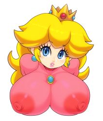 Rule 34 | 1girl, blonde hair, blue eyes, breasts, covered erect nipples, crown, earrings, eyelashes, highres, jewelry, large areolae, large breasts, lips, looking at viewer, mario (series), mato spectoru, nintendo, parted lips, pink lips, princess peach, solo, super mario bros. 1, upper body