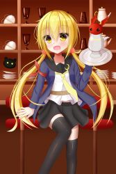 Rule 34 | 1girl, :d, absurdres, arm at side, bad id, bad pixiv id, bar stool, bat wings, belt, black sailor collar, black skirt, black thighhighs, blonde hair, blue jacket, brown belt, collarbone, commentary request, crescent, crescent pin, cup, drinking glass, fang, hair between eyes, hair ornament, hair scrunchie, hakuto momiji, hand up, head tilt, highres, holding, holding saucer, indoors, jacket, kantai collection, long hair, long sleeves, looking at viewer, low twintails, necktie, open mouth, pleated skirt, red scrunchie, sailor collar, satsuki (kancolle), satsuki kai ni (kancolle), saucer, school uniform, scrunchie, serafuku, sidelocks, skirt, smile, solo, standing, standing on one leg, stool, thighhighs, twintails, very long hair, wings, yellow eyes, yellow necktie