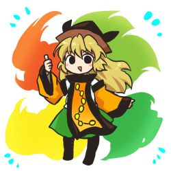 Rule 34 | 1girl, black eyes, black footwear, black hat, blonde hair, boots, brown hat, cape, chibi, commentary request, constellation, constellation print, detached sleeves, energy, full body, green skirt, hair between eyes, hand up, hat, long hair, long sleeves, looking at viewer, matara okina, open mouth, orange cape, pote (ptkan), shirt, simple background, skirt, smile, solo, standing, tabard, touhou, v-shaped eyebrows, white background, white shirt, wide sleeves