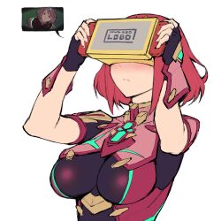 Rule 34 | 1girl, arms up, black gloves, blush, bob cut, bodysuit, breasts, chest jewel, closed mouth, fingerless gloves, frown, gloves, haoni, head-mounted display, holding, impossible bodysuit, impossible clothes, joy-con, large breasts, meta, nintendo labo, nintendo switch, pyra (xenoblade), red hair, short hair, short sleeves, simple background, swept bangs, upper body, white background, xenoblade chronicles (series), xenoblade chronicles 2