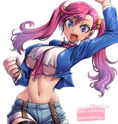 Rule 34 | 1girl, alternate breast size, amania orz, breasts, character name, crop top, dated, digimon, digimon universe: appli monsters, jacket, karan eri, large breasts, long hair, midriff, navel, necktie, open mouth, purple eyes, purple hair, shiny skin, shorts, simple background, solo, text focus, thighhighs, twintails, twitter username, underboob, white background