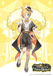 Rule 34 | 1boy, anniversary, artist name, black shorts, blonde hair, blue eyes, bow, bowtie, character name, coat, collared shirt, colored eyelashes, copyright name, copyright notice, cropped shirt, dress shirt, hair between eyes, happy birthday, highres, kagamine len, kneehighs, midriff peek, miwasiba, navel, official art, reaching, reaching towards viewer, second-party source, shirt, shorts, socks, solo, striped bow, striped bowtie, striped clothes, tailcoat, two-sided coat, two-sided fabric, vocaloid, white shirt, white socks, yellow background, yellow bow, yellow bowtie