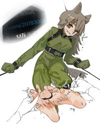 Rule 34 | 1boy, 1girl, animal ears, barefoot, belt, black belt, body writing, breasts, brown eyes, brown hair, chinese commentary, commentary request, er ling balu, eyelashes, feet, foot focus, foreshortening, green pants, green shirt, hair over one eye, highres, leaning to the side, legs together, long sleeves, looking at viewer, medium breasts, on ground, one eye closed, original, pants, parted bangs, pov, restrained, shirt, sitting, sleeves past fingers, sleeves past wrists, soles, spread toes, sweatdrop, toenails, toes, trembling