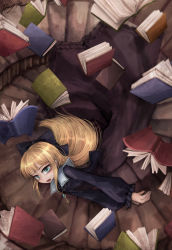 Rule 34 | 1girl, artist name, black bow, blonde hair, book, bow, character request, copyright request, floating, floating book, full body, green eyes, hair bow, highres, jewelry, key, long hair, long sleeves, looking at viewer, open book, open mouth, pendant, ray-k, signature, solo, spiral staircase, stairs, upside-down