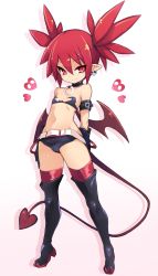 Rule 34 | 1girl, bare shoulders, bat wings, belt, black footwear, black gloves, black shorts, boots, choker, demon girl, demon tail, disgaea, earrings, etna (disgaea), flat chest, full body, gloves, hair between eyes, heart, highres, jewelry, karukan (monjya), micro shorts, navel, pointy ears, red eyes, red hair, red thighhighs, shorts, simple background, skull earrings, smile, solo, standing, stomach, tail, thigh boots, thighhighs, twintails, white belt, wings