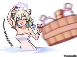 Rule 34 | 1girl, animal ear fluff, animal ears, basket, blue archive, breasts, cat ears, cat girl, cleavage, closed eyes, cup, drunk, green hair, halo, highres, large breasts, meme, motion blur, naked towel, open mouth, partially submerged, sakazuki, shigure (blue archive), smile, solo, throwing, towel, tsunderemaids, water