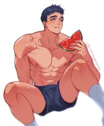 Rule 34 | 1boy, abs, bara, blue hair, blue shorts, closed mouth, copyright notice, dark blue hair, eating, feet out of frame, food, food bite, fruit, male focus, muscular, muscular male, navel, nipples, original, pectorals, shorts, simple background, socks, solo, sweatdrop, watermelon, white background, white socks, yotti