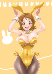 Rule 34 | 10s, 1girl, animal ears, areola slip, bad id, bad pixiv id, bow, bowtie, breasts, brown eyes, brown hair, brown pantyhose, bursting breasts, cleavage, covered navel, cowboy shot, detached collar, eunos, fake animal ears, gluteal fold, happinesscharge precure!, highres, jumping, large breasts, leotard, matching hair/eyes, oomori yuuko, open mouth, pantyhose, playboy bunny, precure, rabbit ears, rabbit pose, round teeth, skindentation, solo, teeth, thigh gap, upper teeth only, wide hips, wrist cuffs, yellow background, yellow bow, yellow theme