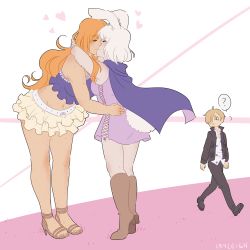 Rule 34 | 1boy, 2girls, ?, animal ears, artist request, blonde hair, carrot (one piece), cryleigh, furry, furry with non-furry, hair over one eye, hug, interspecies, kiss, lowres, mink tribe, multiple girls, nami (one piece), one piece, orange hair, rabbit ears, sandals, sanji (one piece), smile, source request, tail, yuri