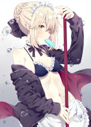 Rule 34 | 1girl, apron, artoria pendragon (alter swimsuit rider) (fate), artoria pendragon (alter swimsuit rider) (second ascension) (fate), artoria pendragon (fate), bikini, bikini top only, black bikini, blonde hair, braid, breasts, bubble, fate/grand order, fate (series), food, frilled apron, frilled bikini, frilled bikini top, frills, highres, holding, ice cream, jacket, looking at viewer, maid, maid bikini, maid headdress, mouth hold, navel, open clothes, open jacket, small breasts, solo, swimsuit, thighhighs, toko yoshi, unconventional maid, waist apron, white apron, yellow eyes