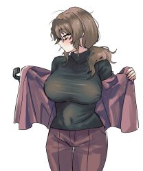 Rule 34 | 1girl, black sweater, breasts, brown eyes, brown hair, cigarette, cowboy shot, glasses, gregor (project moon), highres, huge breasts, jacket, kikkoinu, limbus company, low ponytail, mechanical arms, pants, parted bangs, pink jacket, pink pants, project moon, simple background, single mechanical arm, solo, sweater, undressing, white background