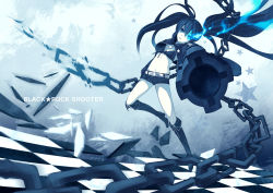 Rule 34 | 10s, 1girl, absurdres, arm cannon, belt, bikini, bikini top only, black hair, black rock shooter, black rock shooter (character), blue eyes, boots, chain, checkered floor, coat, floor, foreshortening, front-tie top, glowing, glowing eyes, highres, long hair, midriff, navel, pale skin, perspective, scar, shiranagi masa, shorts, solo, swimsuit, twintails, very long hair, weapon