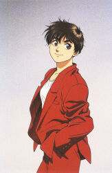 Rule 34 | 1990s (style), 1girl, artist request, black eyes, buttons, formal, gradient background, hands in pockets, head tilt, highres, izumi noa, jacket, key visual, kidou keisatsu patlabor, looking at viewer, looking to the side, official art, promotional art, red hair, retro artstyle, scan, short hair, suit, traditional media