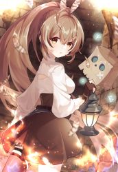 Rule 34 | 1girl, ahoge, akiaki (aki70102), blush, breasts, brown eyes, brown gloves, brown hair, brown skirt, commentary, cowboy shot, feather hair ornament, feathers, floating hair, friend (nanashi mumei), gloves, hair between eyes, hair ornament, highres, holding, holding lantern, hololive, hololive english, lantern, long hair, long sleeves, looking at viewer, medium breasts, multicolored hair, nanashi mumei, parted lips, partially fingerless gloves, ponytail, shirt, skirt, solo, standing, streaked hair, very long hair, virtual youtuber, white hair, white shirt