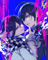 Rule 34 | 2boys, :d, ahoge, black hair, black jacket, blue background, breast pocket, brown eyes, checkered clothes, checkered scarf, danganronpa (series), danganronpa v3: killing harmony, english text, eye contact, grey jacket, hand up, highres, holding, holding knife, jacket, knife, looking at another, lower teeth only, multiple boys, nota sayaka, oma kokichi, open mouth, pink background, pocket, purple eyes, saihara shuichi, scarf, short hair, smile, striped clothes, striped jacket, teeth