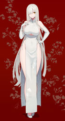 Rule 34 | 1girl, breasts, china dress, chinese clothes, clothing cutout, dress, elbow gloves, full body, gloves, hair over one eye, hand on own chest, hand on own hip, hayabusa, highres, long hair, looking at viewer, mole, mole under eye, original, pelvic curtain, red background, shoes, sideboob, sidelocks, silver hair, sleeveless, sleeveless dress, smile, solo, standing, thick thighs, thighs, underboob, underboob cutout, very long hair, white dress, white footwear, white gloves, wide hips, yellow eyes