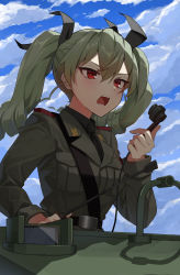 Rule 34 | 1girl, absurdres, anchovy (girls und panzer), cloud, cloudy sky, girls und panzer, green hair, green jacket, highres, jacket, military, military uniform, military vehicle, motor vehicle, necktie, open mouth, red eyes, riding crop, sky, solo, tamusuguru, tank, twintails, uniform