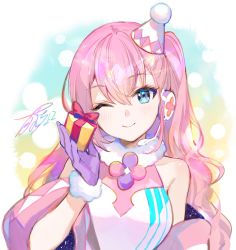 Rule 34 | 1girl, bare shoulders, box, commentary, detached sleeves, fur-trimmed gloves, fur-trimmed shirt, fur trim, fuzichoco, gift, gift box, gloves, hat, headphones, headset, highres, holding, holding gift, looking at viewer, magical mirai (vocaloid), magical mirai luka, megurine luka, one eye closed, party hat, purple gloves, shirt, signature, smile, solo, upper body, vocaloid, white shirt