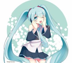 Rule 34 | 1girl, absurdly long hair, aqua eyes, aqua hair, aqua necktie, artist name, artist request, bare shoulders, black skirt, black sleeves, blue eyes, blue hair, blue necktie, blush, breasts, collared shirt, detached sleeves, female focus, hair between eyes, hair ornament, hand on face, hatsune miku, headphones, headset, highres, kaigetu luna, long hair, long sleeves, looking at viewer, necktie, one eye closed, parted lips, pleated skirt, shirt, skirt, sleeveless, sleeveless shirt, sleeves past fingers, sleeves past wrists, small breasts, solo, thighhighs, twintails, very long hair, vocaloid, white shirt