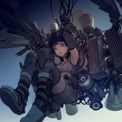 Rule 34 | 1girl, arms up, belt boots, blue background, blue eyes, blue hair, blue sky, boots, breasts, commentary, commentary request, crop top, detached sleeves, falling, glowing, glowing eyes, heat sink, highres, lips, logo, looking at viewer, messy hair, nc empire (circle), original, parted lips, rigging, rust, short hair, shorts, sky, small breasts, solo, speaker, striped clothes, striped thighhighs, subdermal port, thighhighs, thrusters, vernier thrusters, vertical-striped clothes, vertical-striped thighhighs