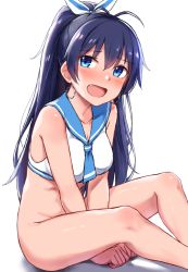 Rule 34 | 1girl, :d, antenna hair, bare arms, bare shoulders, between legs, bikini, bikini top only, blue eyes, blue hair, blush, bottomless, breasts, cai geng, cleavage, collarbone, earrings, fang, ganaha hibiki, hair ribbon, hoop earrings, idolmaster, idolmaster (classic), jewelry, long hair, looking at viewer, medium breasts, open mouth, ponytail, ribbon, sailor bikini, sailor collar, sailor swimsuit (idolmaster), shadow, simple background, sitting, smile, solo, swimsuit, white background, white bikini