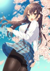 Rule 34 | 1girl, :d, black hair, black pantyhose, blue ribbon, blue skirt, blurry, blurry background, blush, braid, breasts, brown eyes, cherry blossoms, commentary request, day, depth of field, from side, hair ribbon, large breasts, long hair, long sleeves, looking at viewer, looking to the side, miniskirt, open mouth, original, outdoors, panties, panties under pantyhose, pantyhose, plaid, plaid skirt, pleated skirt, ribbon, school uniform, shirt, single braid, skirt, smile, solo, thighband pantyhose, toujou mina, underwear, upskirt, white panties, white shirt