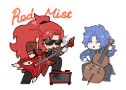 Rule 34 | 1boy, 1girl, amplifier, ascot, black ascot, black pants, blue coat, blue gemstone, blue hair, brooch, cello, chesed (project moon), coat, electric guitar, gebura (project moon), gem, guitar, high ponytail, holding, holding plectrum, instrument, jewelry, jyanjyan, library of ruina, long hair, looking at another, music, pants, parted bangs, playing instrument, plectrum, project moon, red coat, red gemstone, red hair, scar, scar on face, sidelocks, simple background, sitting, sunglasses, triangle mouth, very long hair, white background