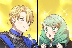 Rule 34 | 1boy, 1girl, bad id, bad twitter id, blonde hair, blue eyes, blush, closed mouth, commentary request, creatures (company), dimitri alexandre blaiddyd, eating, fire emblem, fire emblem: three houses, flayn (fire emblem), fork, game freak, green eyes, green hair, hair ornament, holding, holding fork, jdmangna, korean commentary, long hair, matching hair/eyes, nintendo, open mouth, pokemon, pokemon swsh, short hair