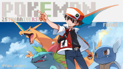 Rule 34 | 1boy, anniversary, badge, baseball cap, belt, black shirt, blanco026, brown eyes, brown hair, charizard, closed mouth, cloud, commentary request, copyright name, creatures (company), fire, flame-tipped tail, game freak, gen 1 pokemon, hat, highres, holding, holding poke ball, ivysaur, jacket, male focus, nintendo, pants, pointing, poke ball, poke ball (basic), pokemon, pokemon (creature), pokemon rgby, red (pokemon), shirt, sky, wartortle