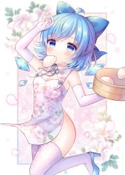 Rule 34 | 1girl, baozi, blue bow, blue eyes, blue footwear, blue hair, blush, bow, china dress, chinese clothes, cirno, coa (chroo x), detached wings, dress, elbow gloves, fairy, flower, food, gloves, hair between eyes, hair bow, high heels, ice, ice wings, mouth hold, petals, pink flower, short hair, solo, thighhighs, touhou, white dress, white gloves, white thighhighs, wings