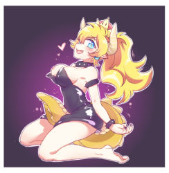 Rule 34 | 1girl, armlet, bare shoulders, barefoot, black dress, blonde hair, blue eyes, blush, border, bowsette, bracelet, breasts, cleavage, collar, dress, earrings, fang, feet, fingernails, full body, gradient background, hair between eyes, heart, highres, horns, jewelry, kneeling, legs, long hair, looking at viewer, mario (series), medium breasts, monster girl, nail polish, new super mario bros. u deluxe, nintendo, nipples, open mouth, pointy ears, ponytail, profile, purple background, sharp fingernails, smile, solo, spiked armlet, spiked bracelet, spiked collar, spikes, strapless, super crown, tail, toes, tongue, wardrobe malfunction, white border