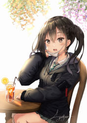Rule 34 | 1girl, black eyes, black hair, black jacket, black sweater, chair, collared shirt, commentary request, cup, diagonal-striped neckwear, drawstring, drinking glass, drinking straw, flower, food, fruit, green neckwear, hair between eyes, highres, hood, hood down, hooded jacket, ice, ice cube, idolmaster, idolmaster cinderella girls, jacket, lemon, lemon slice, long hair, looking at viewer, mask, mask pull, mole, mole under eye, mouth mask, pleated skirt, sharp teeth, shirt, signature, sitting, skirt, solo, striped neckwear, sunazuka akira, surgical mask, sweater, table, teeth, tropical drink, twintails, wisteria, youthpaint
