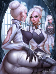 Rule 34 | 2girls, aroma sensei, ass, bad id, bad pixiv id, breasts, dress, earrings, garter straps, grey eyes, hair ornament, highres, indoors, jewelry, lips, long hair, medium breasts, mirror, multiple girls, parted lips, patreon username, ponytail, reflection, rwby, scar, scar across eye, scar on face, short hair, siblings, signature, sisters, watermark, web address, weiss schnee, white hair, window, winter schnee