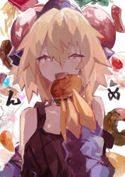 Rule 34 | 1girl, absurdres, black tank top, blonde hair, burger, cake, cake slice, claws, commentary request, doughnut, eating, fang, food, french fries, fruit, hair between eyes, heart, heart-shaped pupils, highres, holding, holding food, kaamin (mariarose753), looking at viewer, medium hair, noodles, open mouth, original, red eyes, reptile girl, smile, solo, strawberry, symbol-shaped pupils, tank top, tokage (kaamin), upper body