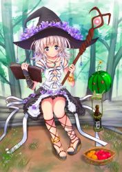 Rule 34 | 1girl, amayofuu, ankle lace-up, anklet, bare shoulders, blue eyes, blush, book, circlet, cross-laced footwear, flower, hat, hat flower, jewelry, looking at viewer, magical girl, mascot, open shoes, original, sandals, short hair, sitting, smile, solo, staff