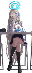 Rule 34 | 1girl, absurdres, asuna (blue archive), black footwear, black socks, blue archive, blue eyes, blue halo, blush, breasts, cleavage, collared shirt, commentary, crossed legs, dori (choejeongmin7), full body, grin, halo, highres, kneehighs, large breasts, light brown hair, long hair, looking at viewer, shirt, shoes, simple background, smile, socks, solo, white background, white shirt