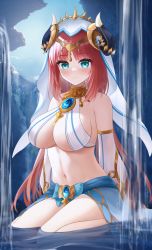 Rule 34 | 1girl, absurdres, aqua eyes, bare shoulders, blush, breasts, brooch, circlet, closed mouth, crop top, detached sleeves, genshin impact, gold trim, harem outfit, highres, horns, jewelry, large breasts, liht, long hair, long sleeves, looking at viewer, neck ring, nilou (genshin impact), parted bangs, puffy long sleeves, puffy sleeves, red hair, sitting, skirt, smile, solo, thighs, twintails, vambraces, veil, vision (genshin impact), water, white headwear
