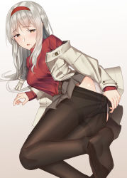 Rule 34 | 1girl, ass, bad id, bad pixiv id, belt, black pantyhose, blush, breasts, brown belt, clothes pull, feet, gradient background, grey background, grey jacket, grey skirt, hairband, highres, jacket, kantai collection, long hair, long sleeves, looking at viewer, lying, medium breasts, on side, open clothes, open jacket, pallad, panties, pantyhose, parted lips, pleated skirt, red hairband, red sweater, see-through, shoukaku (kancolle), sidelocks, silver hair, simple background, skirt, soles, solo, sweater, thighband pantyhose, underwear, yellow eyes