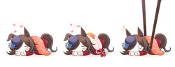 Rule 34 | 1girl, animal ears, blue flower, blue headwear, blue rose, brown hair, chopsticks, commentary request, closed eyes, flower, food, heart, horse ears, horse girl, horse tail, light blush, long hair, long sleeves, lying, multiple views, notice lines, on ground, on stomach, pun, rice shower (umamusume), rose, salmon, shrimp, simple background, surprised, sushi, tail, tilted headwear, track suit, umamusume, white background