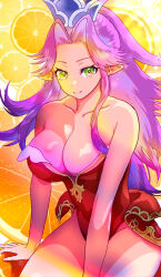 Rule 34 | 1girl, angela (seiken densetsu 3), artist request, bare shoulders, breasts, cleavage, closed mouth, collarbone, crown, female focus, food, fruit, fruit background, green eyes, hair intakes, large breasts, leotard, long hair, looking at viewer, pointy ears, purple hair, red leotard, seiken densetsu, seiken densetsu 3, sitting, smile, solo, square enix, strapless, strapless leotard, thighs, very long hair