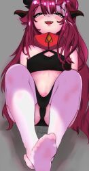 Rule 34 | 1girl, artist name, artist request, bare shoulders, black panties, blush, fangs, feet, flat chest, highres, horns, long hair, looking at viewer, navel, panties, partially visible vulva, phase connect, red hair, saya sairroxs, skirt, soles, solo, tagme, thighhighs, underwear