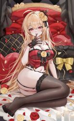 Rule 34 | 1girl, absurdres, ahoge, ass, bed sheet, black gloves, black thighhighs, blonde hair, blush, breasts, camisole, cleavage, flower, gloves, gompang 11, hair flower, hair ornament, hand up, highres, jewelry, large breasts, looking at viewer, mole, mole under eye, navel, necklace, on bed, original, petals, red camisole, red eyes, red flower, red rose, rose, rose petals, sitting, solo, stomach, thighhighs, tongue, tongue out, yellow flower, yellow rose, yokozuwari