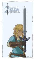 Rule 34 | 1boy, artist name, baomianzi, blonde hair, blue background, blue shirt, border, brown gloves, closed eyes, closed mouth, copyright name, gloves, highres, holding, holding sword, holding weapon, link, male focus, master sword, nintendo, pointy ears, shirt, solo, sword, the legend of zelda, the legend of zelda: breath of the wild, triforce, tunic, upper body, weapon, white border