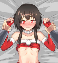 Rule 34 | 1boy, 1girl, bad id, bad pixiv id, bed sheet, blush, bound, bound wrists, breasts, brown hair, christmas, closed mouth, elbow gloves, fingerless gloves, gloves, highres, holding another&#039;s wrist, kono subarashii sekai ni shukufuku wo!, kyouwa, looking at viewer, lying, megumin, navel, on back, pov, red eyes, short hair with long locks, small breasts, solo, stomach, strapless, tube top, underboob, wavy mouth