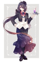 Rule 34 | 1girl, ahoge, alternate costume, ariake (kancolle), black footwear, black hat, black pants, blush, boots, border, buttons, closed mouth, cup, drink, drinking glass, drinking straw, flower, full body, gradient hair, hair over one eye, hat, high heel boots, high heels, holding, holding tray, kantai collection, long hair, long sleeves, low ponytail, mini hat, multicolored hair, pants, purple eyes, purple flower, purple hair, shakemi (sake mgmgmg), smile, solo, tilted headwear, tray, very long hair, white border