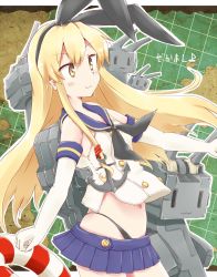 Rule 34 | 10s, 1girl, anchor, anchor hair ornament, any (artist), any (lucky denver mint), blonde hair, elbow gloves, gloves, hair ornament, hairband, highres, kantai collection, lifebuoy, long hair, midriff, navel, personification, rensouhou-chan, shimakaze (kancolle), skirt, smile, solo, swim ring, thighhighs, yellow eyes