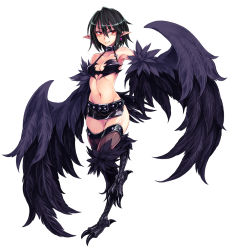 Rule 34 | 1girl, armpits, belt, black hair, black harpy, black wings, blush, breasts, choker, collar, collarbone, digitigrade, earrings, feathered wings, feathers, full body, fur, gluteal fold, groin, harpy, highres, jewelry, kenkou cross, looking at viewer, miniskirt, monster girl, monster girl encyclopedia, navel, official art, pencil skirt, pointy ears, red eyes, revision, short hair, side slit, simple background, skirt, small breasts, solo, standing, standing on one leg, thighhighs, white background, winged arms, wings